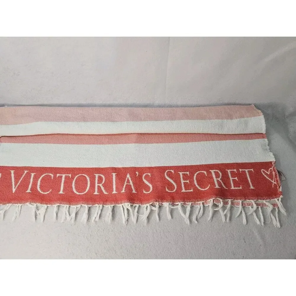VICTORIA SECRET Beach Towel Red Pink White Stripe Fringe Trim Tassel 100% Cotton
